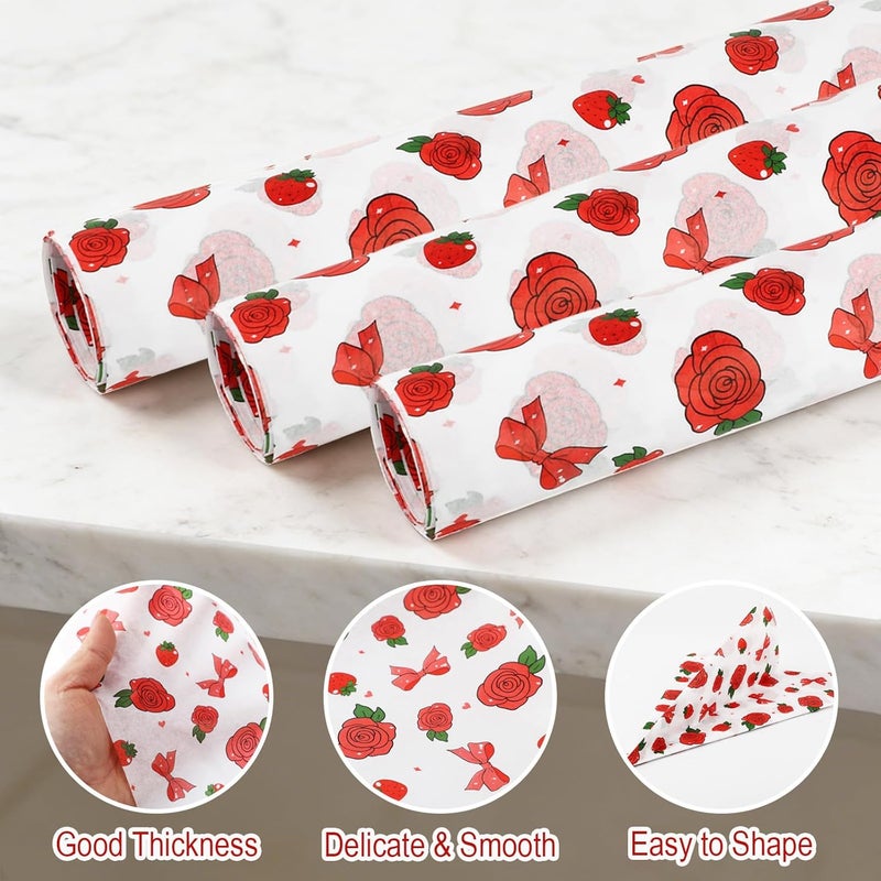 Ethanberg 60 Sheets Gift Wrapping Tissue Paper Bulk, Red Rose Bow Strawberry Tissue Paper for Gift Bags, Decorative Art Papers for DIY Crafts Wedding Birthday Baby Showers Holiday Party Decor, 20x14 Inches - Image 3